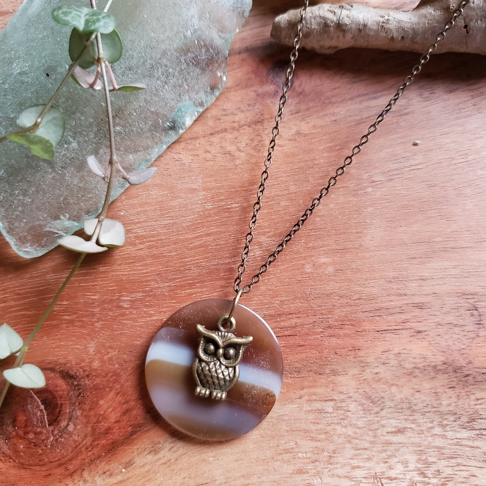Antique Botswana Agate x Rustic Owl Bronze Necklace